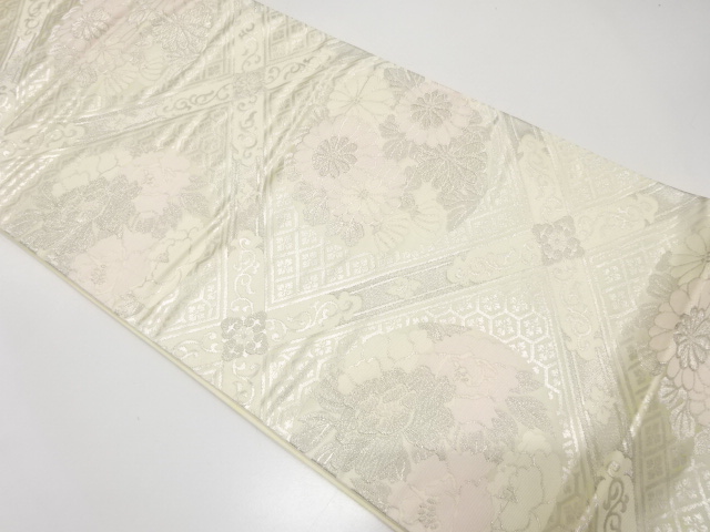 斜め格子に花丸模様織り出し　袋帯